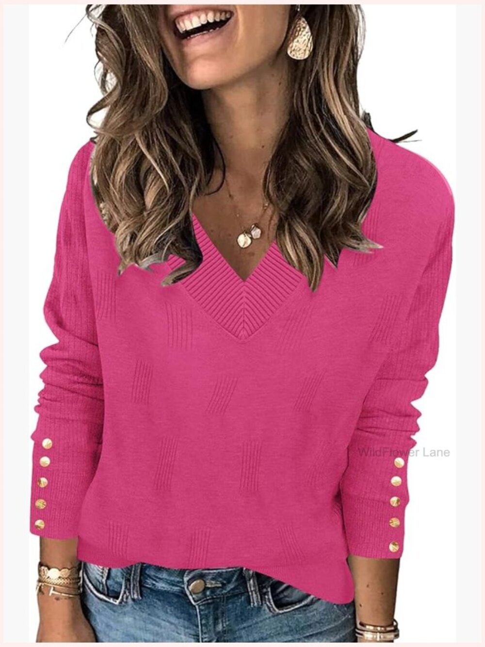 V Neck Sweater Long Sleeve Lightweight Knit Pullover with Decorative Buttons